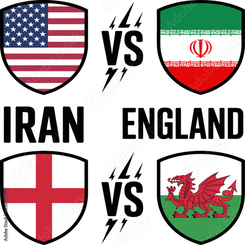 Iran versus England and Wales flags rivalry illustration with shield symbols