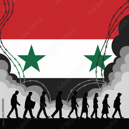 Syrian refugee migration illustration with barbed wire and war smoke
