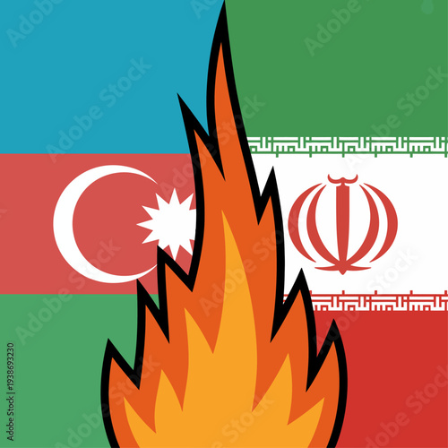 Azerbaijan and Iran flags illustration with fire symbol geopolitical tension