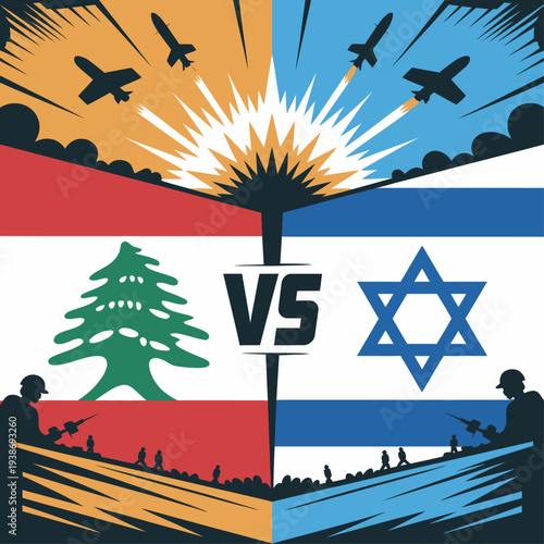 Stylized Lebanon versus Israel conflict illustration with flags, jets, soldiers