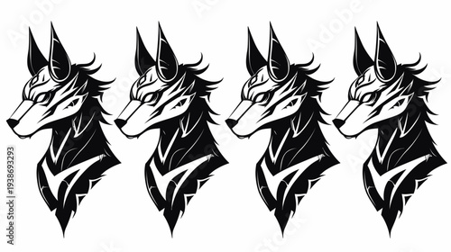 A striking stylized illustration shows four wolf-like heads in bold black and white, side profile