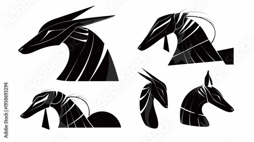 Stylized, monochromatic animal portraits in various perspectives, black with white accents