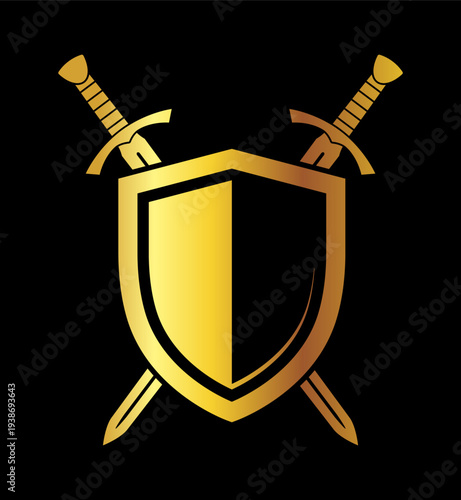 classic medieval european twin gold crossed swords with shield armor heraldry silhouette symbol vector isolated on black background