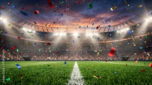 Vibrant stadium filled with confetti and bright spotlights capturing the exhilarating atmosphere of a championship victory celebration on a lush green football field