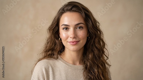 Close up natural portrait of smiling young woman with curly brown hair looking at camera wearing beige sweater soft lighting background