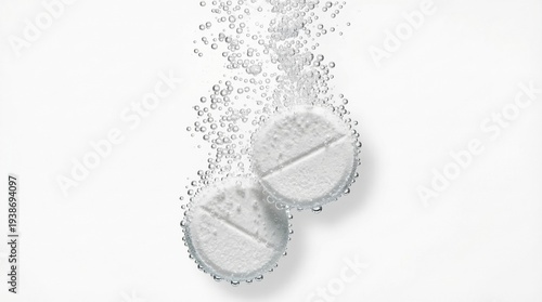 Hyperrealistic macro view of two effervescent tablets dissolving in water with bubbles rising close up of fizzy texture high fidelity detail captured in 8k resolution isolated on white background
