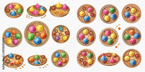 Holi festival colorful powders and gulal in bowls, set of traditional Indian celebration elements.