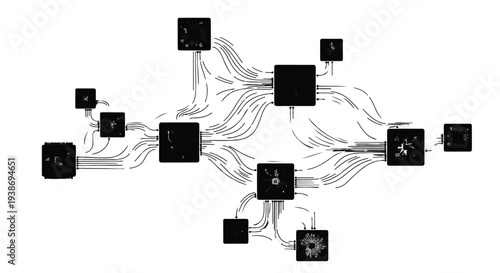 Technical flowchart diagram with interconnected lines and black boxes on white background for engineering technology and science concepts