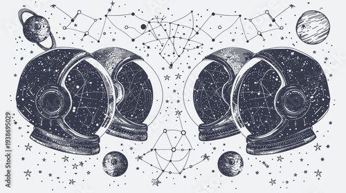 Artistic depiction of space featuring helmets, constellations, planets, and stars in a symmetrical arrangement