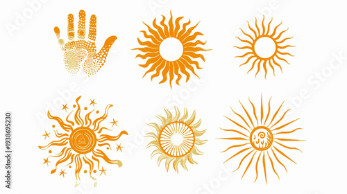 Stylized collection featuring suns, a handprint, and other symbolic designs in a warm color palette
