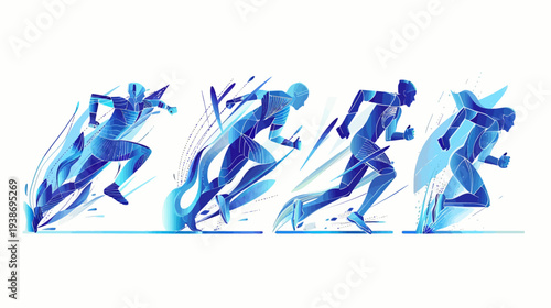 Four stylized blue figures in motion, running across a white background with dynamic abstract design