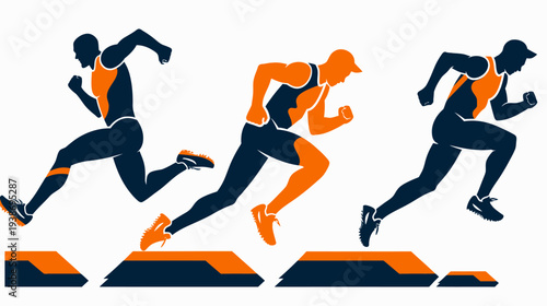 Silhouetted figures of runners leaping over obstacles in a dynamic, stylized graphic