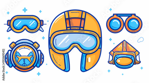 Colorful illustrated set featuring various protective headgear, goggles, and equipment icons