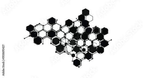 Black and white molecular structure composed of hexagons on white background, chemistry concept, scientific illustration, hexagonal pattern