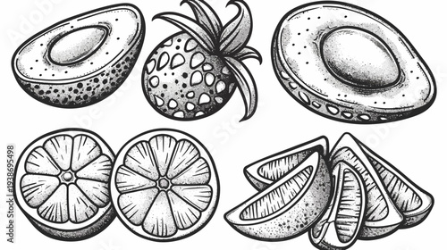 Black and white illustration of various fruits including avocado, pineapple, and oranges