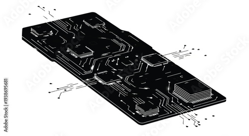 Close-up of modern electronic circuit board with microchip components on sleek black background for technology and innovation concept