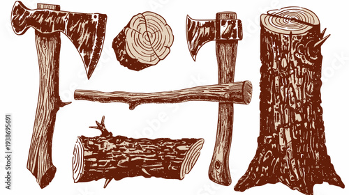 Vintage-style illustration of axes, logs, tree stumps, and a branch. Rustic elements of nature and wood