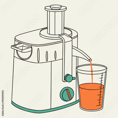 Household electric juicer machine extracting fresh orange juice into measuring cup