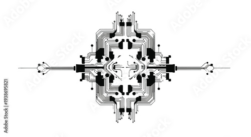 Futuristic abstract technology design with metallic mechanical elements in black and white colors, symmetrical composition, modern innovative concept for business marketing advertising