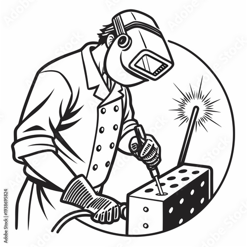 Professional welder in protective helmet performing welding operation with bright sparks