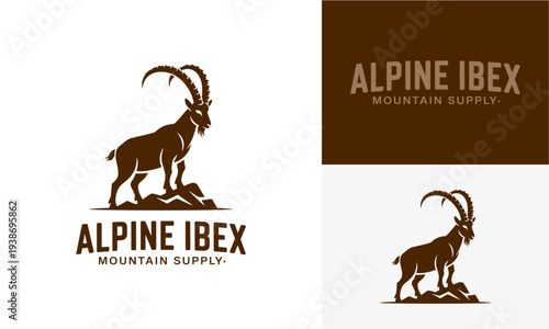 Ibex standing on rocky terrain with majestic horns, mountainous landscape, outdoor supply company logo design