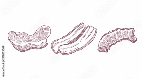 Three stylized illustrations of meat cuts, likely ribs and steak, presented with textured shading