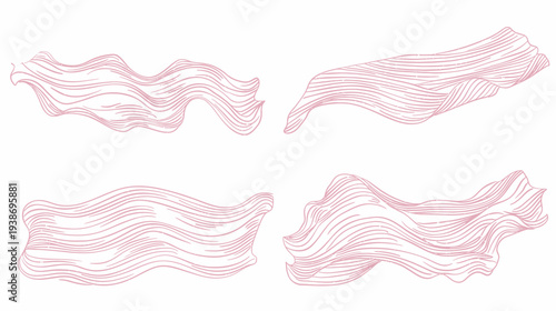 Four abstract wave-like shapes with a pink tint, sketched with lines on a white background