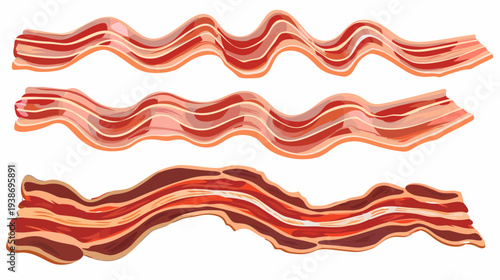 Three wavy slices of cooked meat, varying in color from light to dark, on a white background