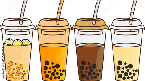 A cartoon illustration featuring four cups of different colored bubble tea, each with a straw