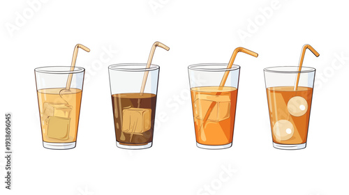 Four cartoon beverages in clear glasses with straws, varying in color and ice placement