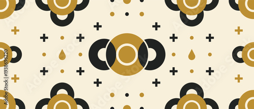 Seamless geometric circle pattern with mustard gold and black shapes on beige background minimal abstract retro style repeating vector background for wallpaper textile packaging and branding design