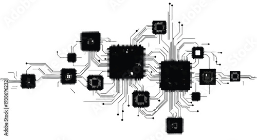 Circuit board microchip electronic components network connections technology innovation background