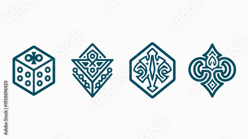 A collection of four geometric teal-colored illustrations on a white background, in a line