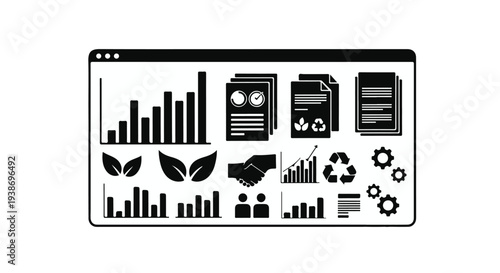 Eco friendly business sustainability concept with green leaves and recycling symbols on digital screen with graphs and charts in modern office setting