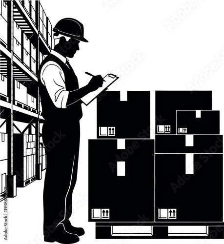 Warehouse Manager Inspecting Inventory on Pallet | Logistics Supervisor Vector Silhouette | Industrial Stock Control Specialist | Professional Material Handler