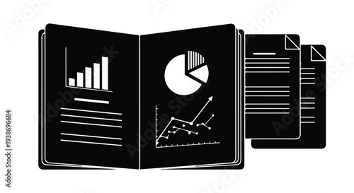 Business finance data analysis book with graphs charts and reports on white background, financial documents illustration