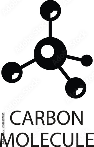 Black carbon molecule with text C A R B O N M O L E C U L E on white background atom science chemistry