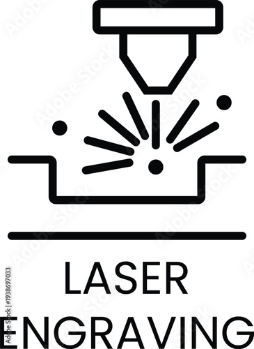 Black line of laser engraving process with text sparks dots lines