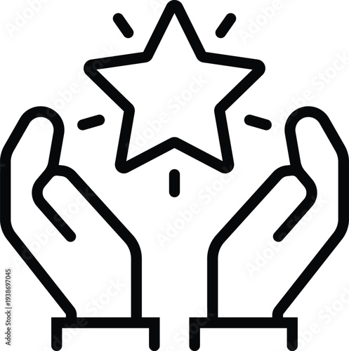 Black outline hands holding a shining star on white background symbol