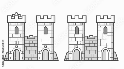 Stylized grayscale illustration of two medieval castle towers with arched doorways and crenelated tops