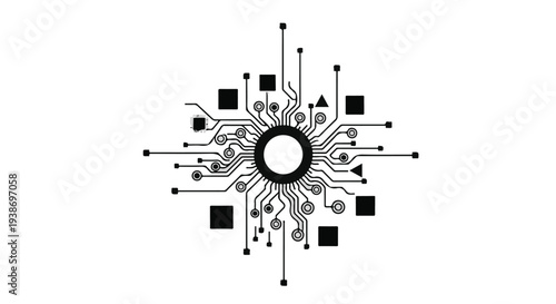 Circuit board design with black and gray components on white background, modern technology concept with electronic parts and wires, futuristic engineering illustration