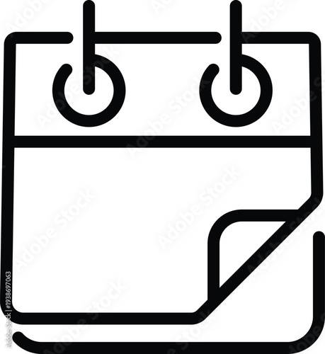 Black outline of a calendar page with a curled corner white