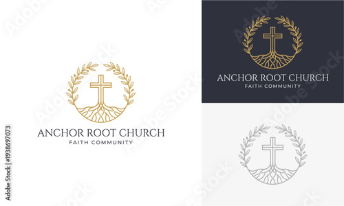 A set of three logo designs for a faith community, featuring a cross surrounded by laurel wreaths in various color schemes and backgrounds