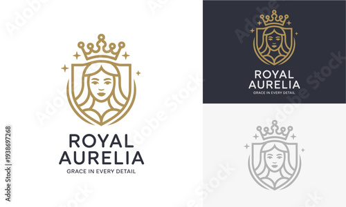 Elegant Royal Aurelia logo design featuring a crowned woman's face in a shield with luxurious gold and minimalist styles