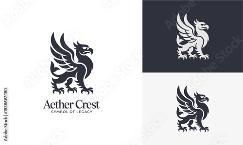 A stylized griffin emblem displayed on various backgrounds showcasing elegant design variations from different viewpoints