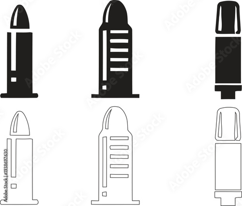 Minimalist Ammunition Icon Featuring Different Caliber Bullets and Artillery Shells in High Resolution 4k Style