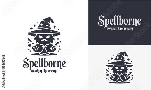 Mysterious witch illustration with mystical elements and modern typography on different backgrounds