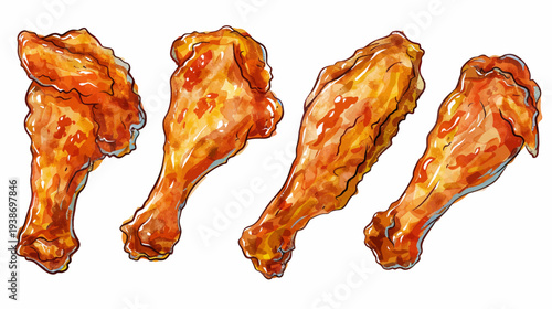 Watercolor illustration of four pieces of fried chicken, with detailed textures and glossy appearance