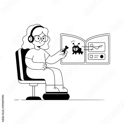 Linear illustration of a coder with screens or Minimalist black and white drawing of a gamer or programmer