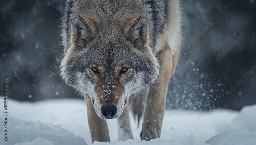 Fototapeta premium Close Up of Hunting Wolf Moving Through Snowy Forest